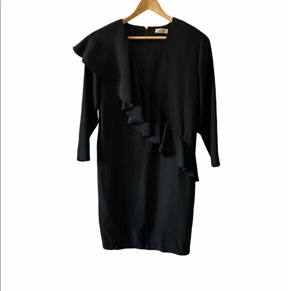 VINTAGE Black Ruffle Long Sleeve Square Neck Dress - Picture 1 of 8